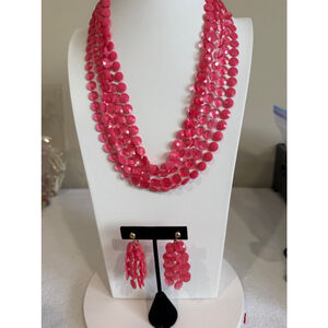 Mod 60’s unbranded pink bead 50” multistrand necklace & clip tassel earrings set